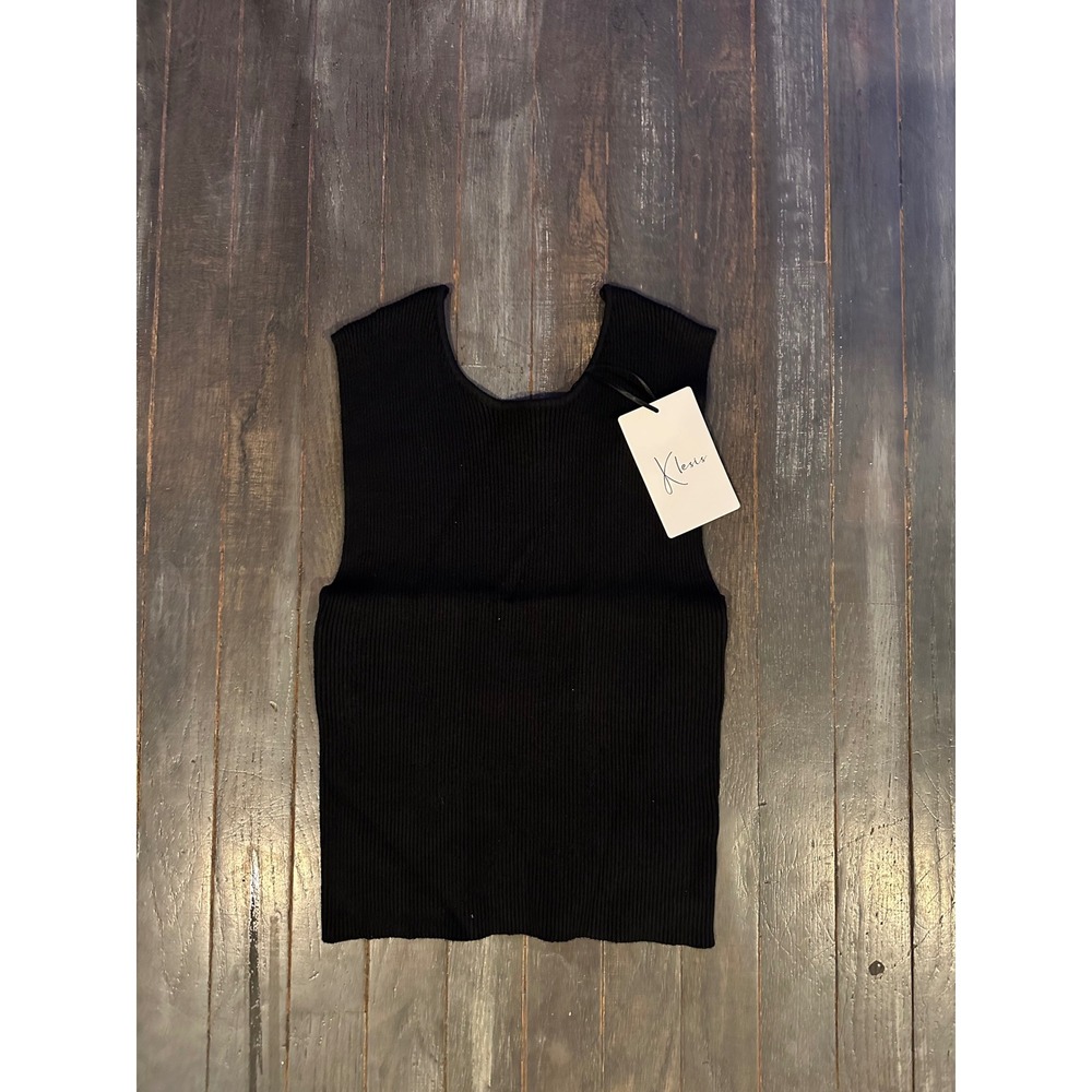 Klesis Black Ribbed Knit Tank Top Open Back Sleeveless Scoop Neck NWT Womens